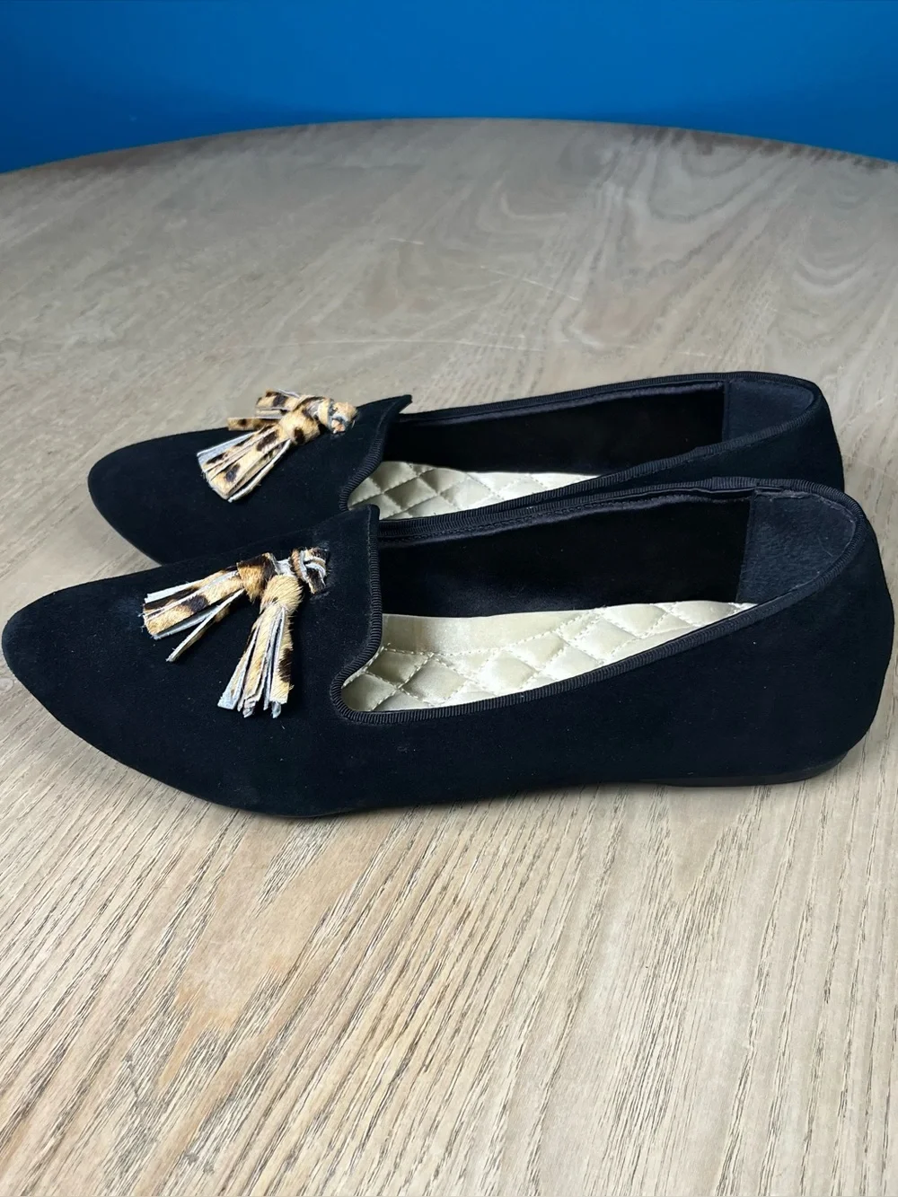Birdies The Blackbird Black Velvet Leopard Tassel Loafers Women’s Size 8